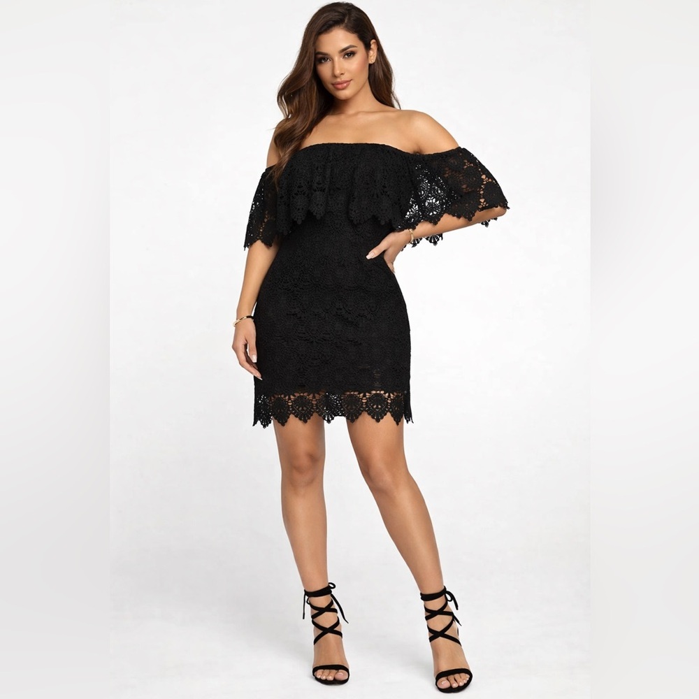 J.O.A. Embroidered Lace Off-Shoulder cotton Dress black M